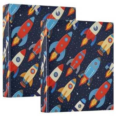 Imagem de Fichários personalizados retrô Rockets azuis de 3 cm com 3 anéis para guardar 200 folhas, 3 pastas de anel, fichário de escritório com anel redondo, 31,5 x 27 x 6 cm, pacote com 2