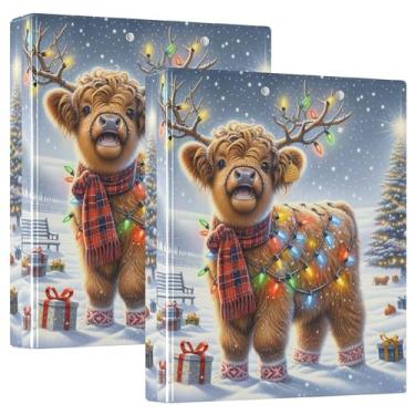 Imagem de Fichários de Natal Highland Cow Lights com 3 anéis de 3 cm comporta 200 folhas, 3 pastas de anéis, fichário de escritório, 31,5 x 27 x 6 cm, pacote com 2