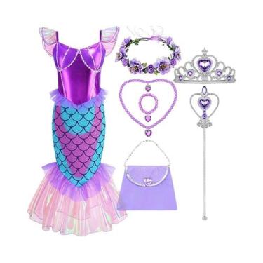Imagem de Conjunto De Vestido De Sereia Roxo Ariel Para Meninas De 3 a 10 Anos P
