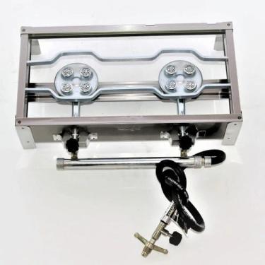 Imagem de Fogão Fogareiro Inox 48x28 Cm Alta Pressão 2 Bocas Chama Alta Camping 