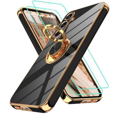 Imagem de Gritup Capa para Samsung Galaxy S23 FE | 2 peças protetoras de tela | Suporte magnético de rotação de 360°, capa protetora à prova de choque de TPU macio com borda dourada banhada a ouro para S23 FE
