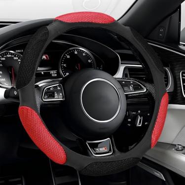 Imagem de Ongfuwu Capa de volante de carro, protetor de couro antiderrapante universal para 38 cm, com almofada de mão macia, respirável e confortável, acessórios internos para carros (preto + vermelho)