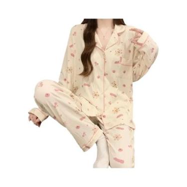 Imagem de Conjunto De Pijamas Femininos Em Tecido Amassado Com Cardigan De Manga