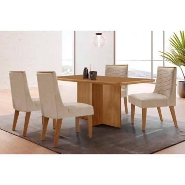 Imagem de Sala Jantar Mesa Berlim Tampo Curvo 120cm+4 Cadeiras Maldivas Madeira Naturale - Capuccino/Suede Creme - Rufato