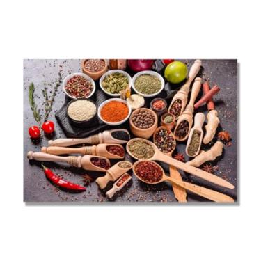 Imagem de Arte de parede em tela colorida para especiarias e colher de tempero | Decoração de cozinha vintage | Arte moderna para casa e sala de jantar. C74. 40 x 60 cm - 15,8 x 23,7 pol. Somente tela