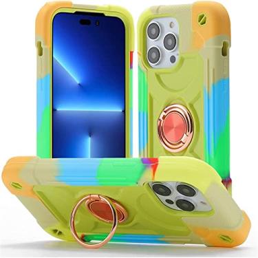 Imagem de KAPPDE Capa para iPhone 14/14 Plus/14 Pro/14 Pro Max, capa protetora anticolisão antiqueda de quatro cantos, com suporte de anel, capa de celular multicolorida fresca e elegante (cor: amarelo, P