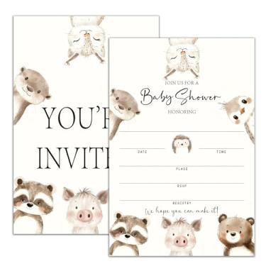 Imagem de Moonle Convites para chá de bebê, convites de chá de bebê de animais da floresta para meninos e meninas, 20 convites de festa com tema de selva de animais fofos com envelopes, decorações de festa na
