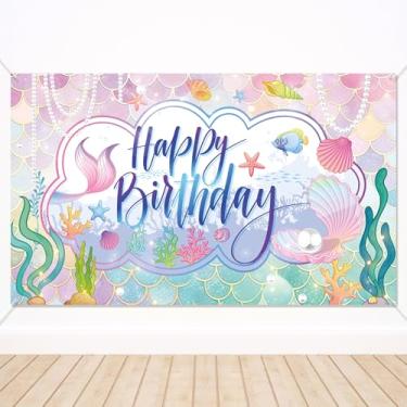 Imagem de Sereia Aniversário Fundo Decorativo, 90x150cm Oceano Tema Happy Birthday Fundo Faixa Sob o Mar Princesa Subaquática Festa Decorações para Crianças Meninas Foto Cabine Decoração Suprimentos