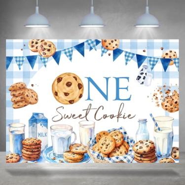 Imagem de Rsuuinu 2,1 x 1,5 m, pano de fundo de um biscoito doce, biscoitos de 1º aniversário, fundo fotográfico azul leite para crianças, meninos, meninas, decoração de festa de primeiro aniversário, banner