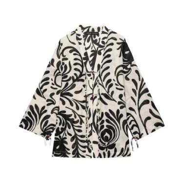 Imagem de Outono feminino novo elegante estampado estilo quimono agasalhos e cal