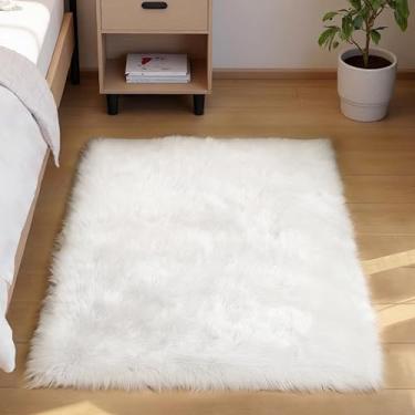Imagem de Goolela Tapete branco de pele de carneiro fofo 7,6 x 12,7 cm, lavável de pele sintética, tapete de cabeceira macio para quarto, tapete de pelúcia para sala de estar, berçário, tapete infantil, decoração de casa, tapete felpudo