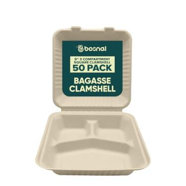 Imagem de BOSNAL Concha compostável com 3 compartimentos de 23 cm – Pacote com 50, 100% bagaço de cana à base de plantas, recipiente de alimentos descartável ecológico, seguro para micro-ondas, livre de BPA