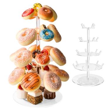 Imagem de Suporte de donut de acrílico de 4 camadas com 22 pinos, expositor de mesa de sobremesa para donuts, bagels, cupcakes, torre de donuts, suporte para aniversário, festa de casamento, chá de bebê, Natal