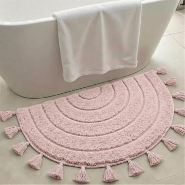 Imagem de Cevolyn Tapetes de banheiro Boho vintage metade círculo com borlas inserção de crochê, forro antiderrapante feito à mão, tapetes de banho fofos para banheira, decoração boho, lavável, rosa, 51 x 81 cm