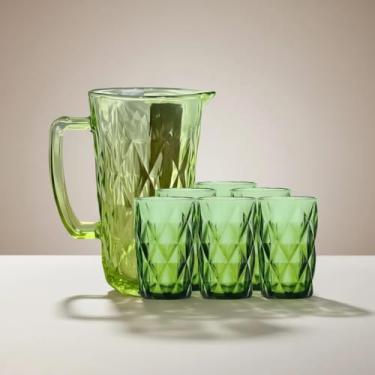 Imagem de Jogo de Copos com Jarra de Vidro Diamond Verde para Àgua ou Suco 7 Peças