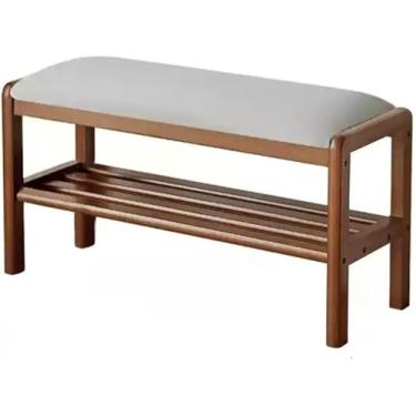 Imagem de Banco de madeira maciça com prateleira de armazenamento, sapateira para porta da frente, organizador de sapatos pequeno para entrada, sala de estar, corredor (80 cm, cinza)