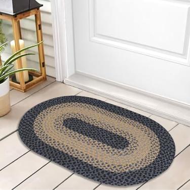Imagem de RCTJHOME Tapete trançado oval de 6 cm x 7 cm com fitas antiderrapantes, tapete de entrada impermeável de polipropileno, tapetes internos/externos para porta da frente/traseira, tapetes laváveis para