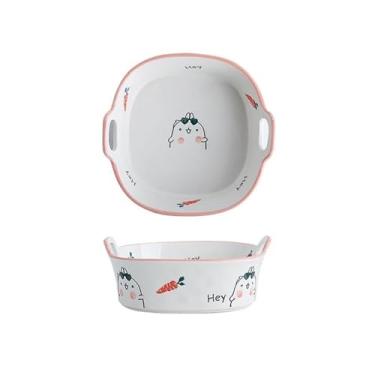 Imagem de x3anggyt5 Assadeira, fritadeira, tigelas de panificação, tigela de cerâmica de orelha dupla para uso doméstico, prato especial, tigela de sopa, utensílios de mesa, caçarola para forno (rosa)