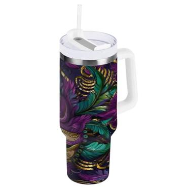Imagem de Blueangle Copo isolado de máscara de carnaval de 1,134 g com alça e tampa de palha, caneca de viagem reutilizável de aço inoxidável (407)