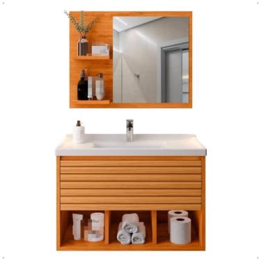 Imagem de Gabinete Banheiro Completo + Cuba + Espelheira + Armário Espelho Decoração Madeira Ripada