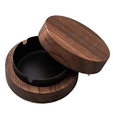 Imagem de Cinzeiros de cigarros, cinzeiro de nogueira, cinzeiro de madeira simples com capa para evitar que as cinzas voem o cinzeiro é naturalmente redondo sem decoração cinzeiro ao ar livre (preto)