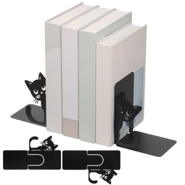 Imagem de ZJRDYYK 2 peças de suportes de livros de metal para gatos espiando, extremidades de livro de gato preto fofo para prateleiras, acessórios de estante engraçados, decorações para amantes de gatos