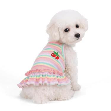 Imagem de Jmkcoz Lindas camisetas listradas para cachorro cereja vestido de algodão macio para animais de estimação sem mangas colete roupas primavera verão roupas para animais de estimação pequenos gatos
