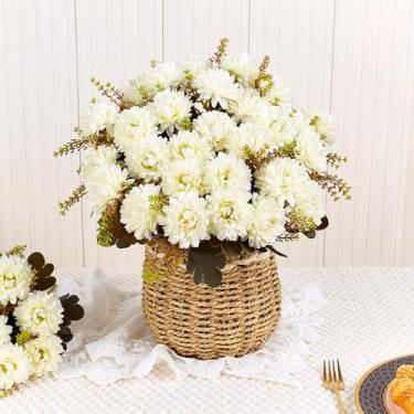 Imagem de XIANNVXI Flor branca, crisântemo, bola artificial, 2 peças, 18 cabeças, crisântemos, buquê de flores falsas brancas, flores falsas, arranjos com hastes para decoração de casa, ambientes internos e