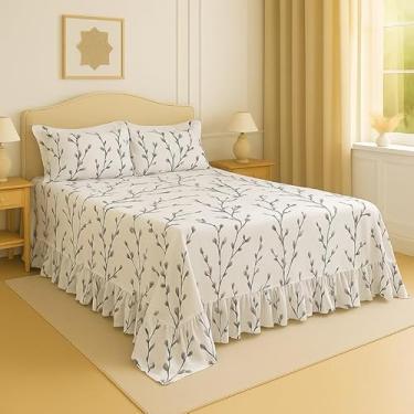 Imagem de Kit Colcha Lençol Com Babado Queen 3 Peças Micropercal Toque De Algodão - Kit Completo Com Fronhas(Branco - Ramos c flores pretas)