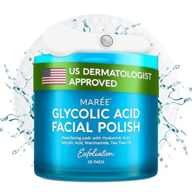 Imagem de MAREE Almofadas de ácido glicólico – tonificantes para limpeza facial – almofada esfoliante com óleo de melaleuca, ácido salicílico e vitaminas E, B3, B5 – limpeza de acne, resurfacing dos poros da