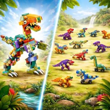 Imagem de Blocos de Montar Dinossauros, Kit 12 em 1, 405 Peças, Brinquedo Educativo.