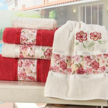 Imagem de Jogo De Banho Passione Bordado Algodão 5 Peças Vermelho-palha