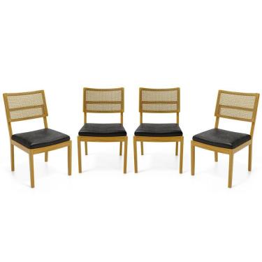 Imagem de Kit Com 4 Cadeiras Milena Madeira Maciça Assentos Estofados Encostos De Tela Palha Sextavada Courino Preto 503