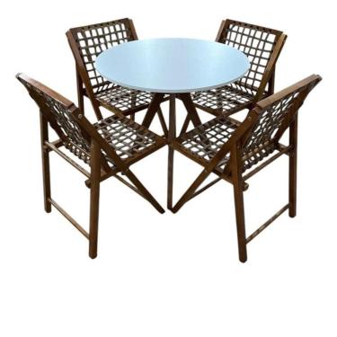 Imagem de Conjunto Mesa Redonda Com 4 Cadeiras Em Madeira E Corda Náutica Castanho/branco