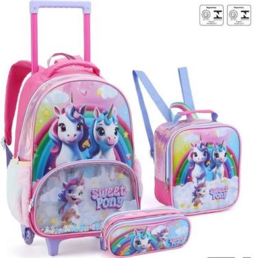 Imagem de Kit Mochila Escolar de Rodinhas Lancheira Estojo Femina Sweet Pony Uni