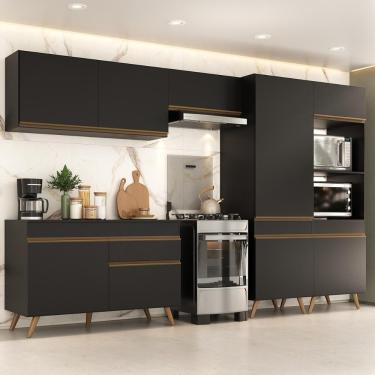 Imagem de Armário Cozinha Modulada Completa 314cm Com Balcão Veneza Multimóveis Mp3758 Preto/dourado