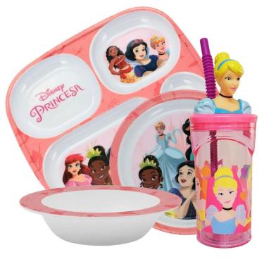 Imagem de Jogo Refeição Infantil Princesas Disney 4 Peças Bandeja Divisória, Prato Fundo, Tigela E Copo Melamina - Tuut