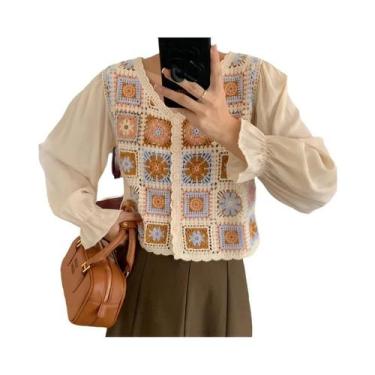 Imagem de Blusa Boho Bordada De Crochê Floral Com Manga Longa E Botões Frontais 