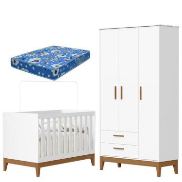 Imagem de Guarda Roupa Infantil 3 Portas com Berço Americano Flip Branco Acetinado com Colchão - Reller