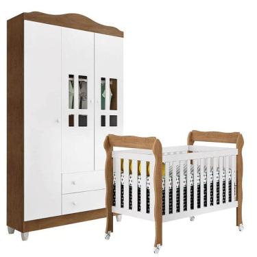 Imagem de Berço Americano Lila e Guarda Roupa Infantil Ariel 3 Portas Branco Acetinado Amadeirado...