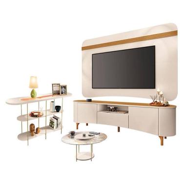 Imagem de Rack Bancada Elara e Painel Armony com Mesa de Centro Sky com Tampo de vidro e Aparador Infinity Off White - HB Móveis