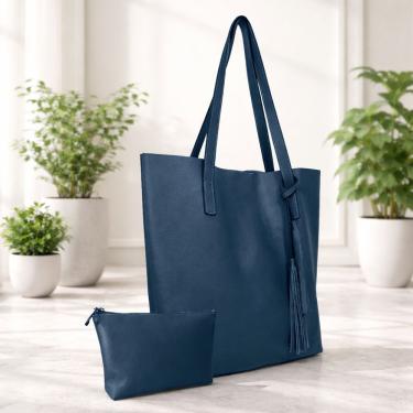 Imagem de Kit Bolsa Boho Sacola E Necesseire Topgrife Couro Cor Azul Marinho Tamanho único
