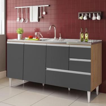 Imagem de BALCÃO MACEIÓ PARA PIA 1,60 3 PORTAS COM GAVETÃO Amêndoa Grafite - Mil