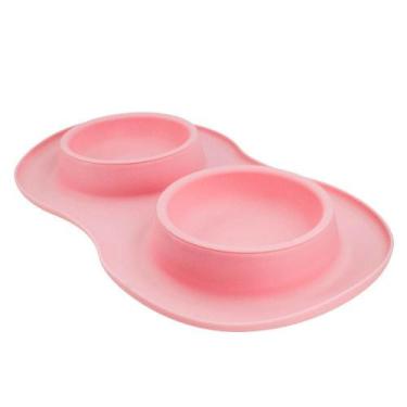Imagem de Comedor Pote Para Ração Agua Tigela Duplo Cachorro Gato Silicone Rosa 