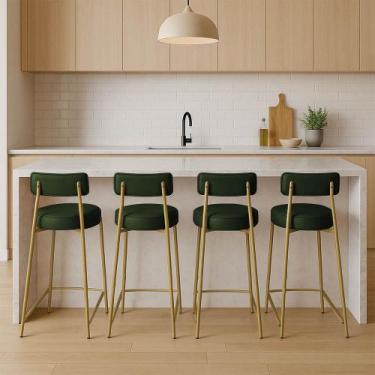 Imagem de Banqueta Cozinha Alta com Encosto Industrial Dourado Kit 4 Londres PU 