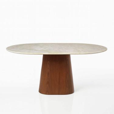 Imagem de Mesa de Jantar Cone Oblongo 244x137 cm Tampo Mármore Quartzito Taj Mahal e Base Nogueira