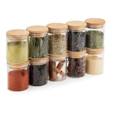 Imagem de Kit 10 Pcs Pote De Vidro Com Tampa De Bambu Hermético 200ml - Kadê