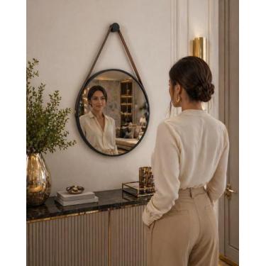 Imagem de Espelho Redondo Decorativo Suspenso Com Alça 60cm + Suporte Marrom Alç