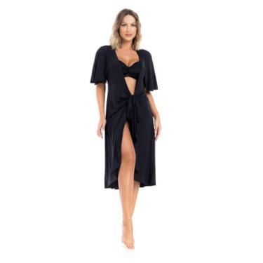 Imagem de Kimono de Praia Amarração Liso Com Proteção UV50+ Cor:PRETOTamanho:G -