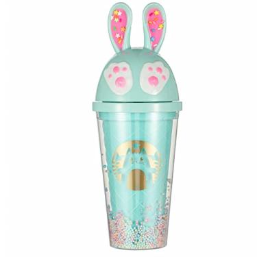 Imagem de seelucky Copo de viagem para sorvete com canudo para festa de menina copo para beber suco Boba Bubble xícara de chá (coelho, azul, 450 ml)